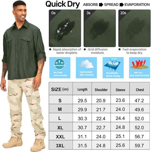 Men's Long Sleeve Safari Shirts UPF 50+ Lightweight Quick Dry Cooling, Hiking Fishing UV Sun Protection Shirts in Saudi Arabia