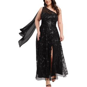 Ever-Pretty Plus Women's Adjustable One Shoulder Sequin Slit Maxi A-Line Plus Size Formal Dresses Evening Gowns in Kuwait