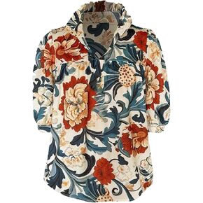 Verdusa Women's Floral Ruffle Collared Blouse Boho Vacation Half Sleeve Tunic Tops Fall Outfits in Kuwait