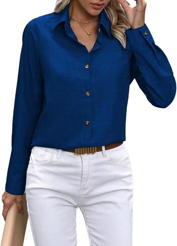 Womens Long Sleeve Button Up Shirt Casual Solid Color Blouse Tops in Saudi Arabia