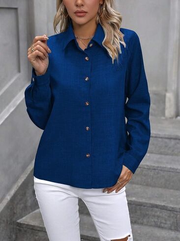 Womens Long Sleeve Button Up Shirt Casual Solid Color Blouse Tops in Saudi Arabia