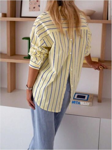 WDIRARA Women's Striped Button Down Shirts Long Sleeve Collared Blouse Button Back Tops in Saudi Arabia