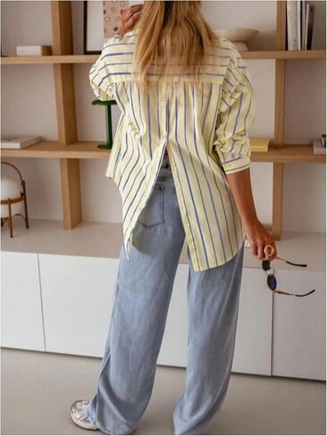 WDIRARA Women's Striped Button Down Shirts Long Sleeve Collared Blouse Button Back Tops in Saudi Arabia