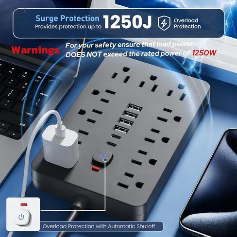 قطاع طاقة حامي من التيار المتردد بطول 6 أقدام، 11 منفذ تيار متردد متعدد مع 6 منافذ USB (2 USB C)، سلك تمديد بطول 6 أقدام، 1875 وات/15 أمبير، زر تبديل بلمسة واحدة، شريط طاقة مدمج 17 في 1 in Kuwait