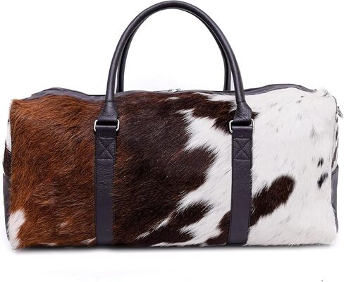 Luxurious Cowhide Duffel Bag for Men's and Women's - Large Size Unisex Travel Duffle Bag, Unique Leather Gym Bag Weekender Overnight Premium Quality Cow Hair on Duffle (Blackish-Brown) in Saudi Arabia