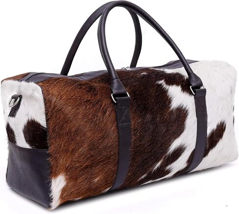 Luxurious Cowhide Duffel Bag for Men's and Women's - Large Size Unisex Travel Duffle Bag, Unique Leather Gym Bag Weekender Overnight Premium Quality Cow Hair on Duffle (Blackish-Brown) in Saudi Arabia