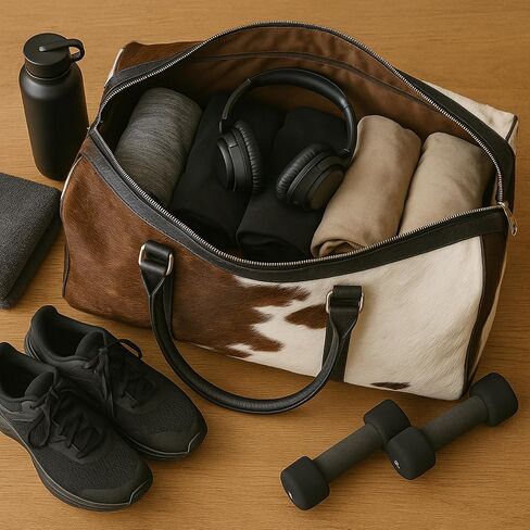Luxurious Cowhide Duffel Bag for Men's and Women's - Large Size Unisex Travel Duffle Bag, Unique Leather Gym Bag Weekender Overnight Premium Quality Cow Hair on Duffle (Blackish-Brown) in Saudi Arabia