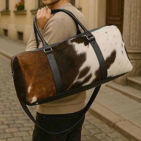 Luxurious Cowhide Duffel Bag for Men's and Women's - Large Size Unisex Travel Duffle Bag, Unique Leather Gym Bag Weekender Overnight Premium Quality Cow Hair on Duffle (Blackish-Brown) in Saudi Arabia