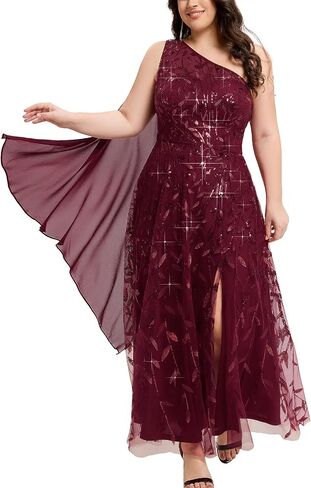 Ever-Pretty Plus Women's Adjustable One Shoulder Sequin Slit Maxi A-Line Plus Size Formal Dresses Evening Gowns in Kuwait