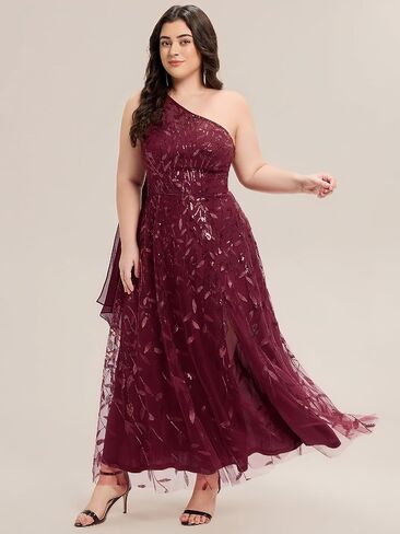 Ever-Pretty Plus Women's Adjustable One Shoulder Sequin Slit Maxi A-Line Plus Size Formal Dresses Evening Gowns in Kuwait