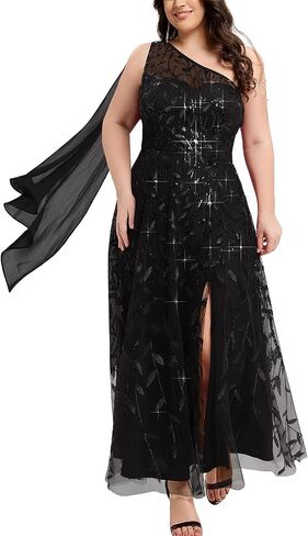 Ever-Pretty Plus Women's Adjustable One Shoulder Sequin Slit Maxi A-Line Plus Size Formal Dresses Evening Gowns in Saudi Arabia