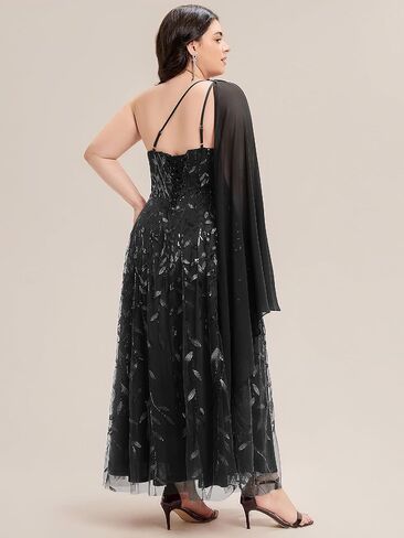 Ever-Pretty Plus Women's Adjustable One Shoulder Sequin Slit Maxi A-Line Plus Size Formal Dresses Evening Gowns in Saudi Arabia