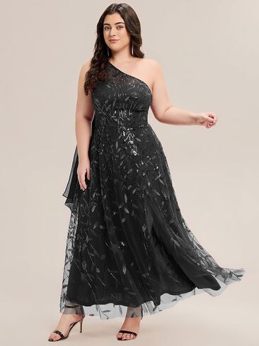 Ever-Pretty Plus Women's Adjustable One Shoulder Sequin Slit Maxi A-Line Plus Size Formal Dresses Evening Gowns in Saudi Arabia