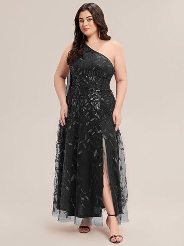 Ever-Pretty Plus Women's Adjustable One Shoulder Sequin Slit Maxi A-Line Plus Size Formal Dresses Evening Gowns in Saudi Arabia