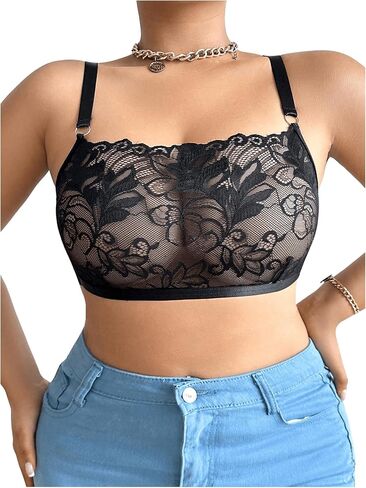 MakeMeChic Women's Plus Size Floral Lace Bra Wireless Sheer Adjustable Strap Bralette Top in Kuwait