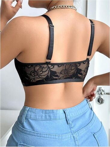 MakeMeChic Women's Plus Size Floral Lace Bra Wireless Sheer Adjustable Strap Bralette Top in Kuwait