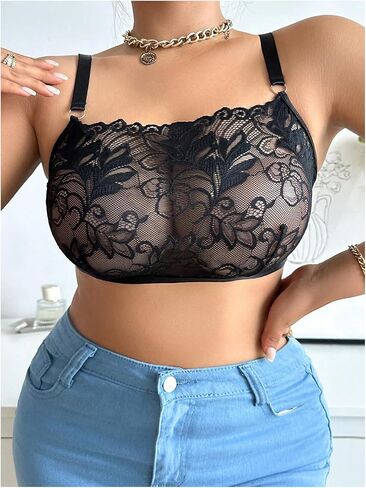 MakeMeChic Women's Plus Size Floral Lace Bra Wireless Sheer Adjustable Strap Bralette Top in Kuwait
