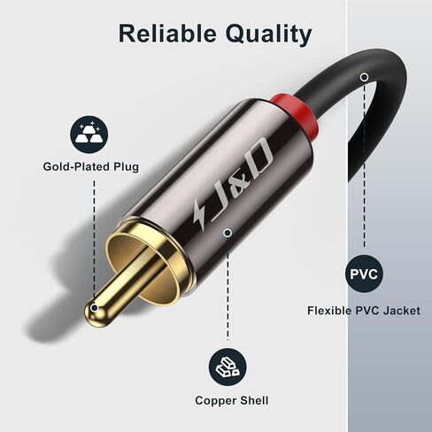 J&D 2 RCA Cables, RCA Cable Gold Plated Audiowave Series 2 RCA Male to 2 RCA Male Stereo Audio Cable with PVC Shelled Housing and Nylon Braid, 6 Feet in Saudi Arabia