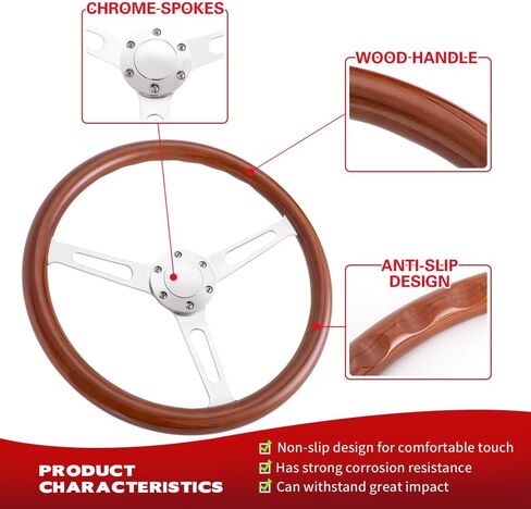 RASTP 15inch 380mm Racing Steering Wheel Wood Grain Steering Wheel Quick Release Steering Wheel Wood Trim Interior (Horn Button&Bolt Kit Set) in Kuwait