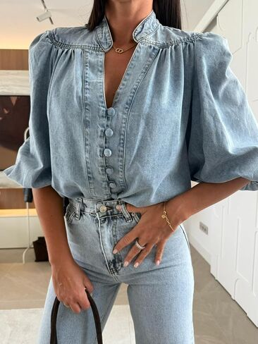 utcoco Women's Spring Fall Denim Blouse Y2K Puff Sleeve V Neck Button Down Shirt Vintage Casual Top in Saudi Arabia