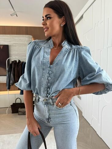 utcoco Women's Spring Fall Denim Blouse Y2K Puff Sleeve V Neck Button Down Shirt Vintage Casual Top in Saudi Arabia