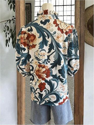 بلوزة Verdusa النسائية بياقة مكشكشة ومزينة بالزهور من Boho للعطلات نصف كم، سترة علوية لأزياء الخريف in Saudi Arabia