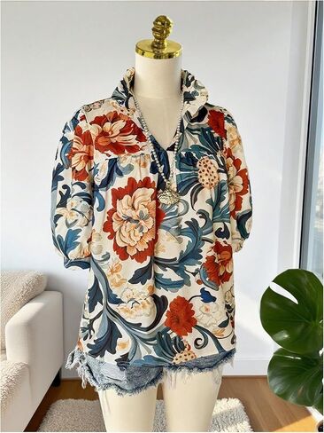 بلوزة Verdusa النسائية بياقة مكشكشة ومزينة بالزهور من Boho للعطلات نصف كم، سترة علوية لأزياء الخريف in Saudi Arabia