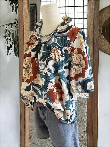 بلوزة Verdusa النسائية بياقة مكشكشة ومزينة بالزهور من Boho للعطلات نصف كم، سترة علوية لأزياء الخريف in Saudi Arabia