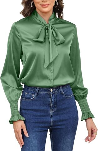 Women's Silk Button Down Blouse Bow Tie Neck Long Sleeve Dressy Elegant Office Work Blouse in Saudi Arabia