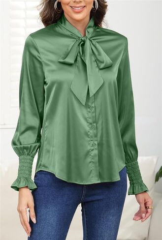 Women's Silk Button Down Blouse Bow Tie Neck Long Sleeve Dressy Elegant Office Work Blouse in Saudi Arabia