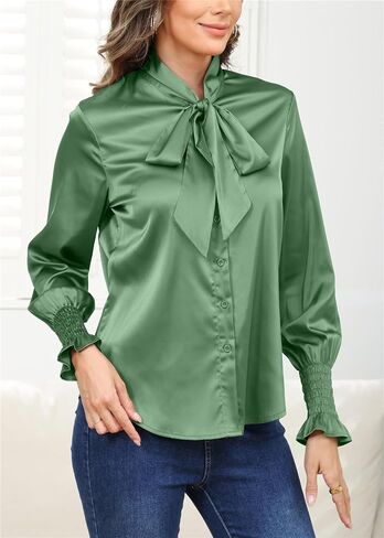 Women's Silk Button Down Blouse Bow Tie Neck Long Sleeve Dressy Elegant Office Work Blouse in Saudi Arabia