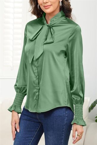 Women's Silk Button Down Blouse Bow Tie Neck Long Sleeve Dressy Elegant Office Work Blouse in Saudi Arabia