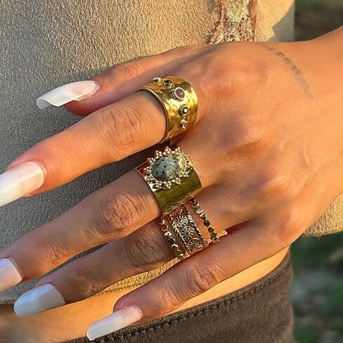 GIGB PBDK Chunky Gold Stackable Knuckle Rings Set for Women Vintage Adjustable Crystal Wide Dome Statement Ring Unique CZ Band Open Rings Jewelry Accessories in Saudi Arabia