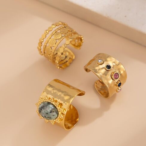GIGB PBDK Chunky Gold Stackable Knuckle Rings Set for Women Vintage Adjustable Crystal Wide Dome Statement Ring Unique CZ Band Open Rings Jewelry Accessories in Saudi Arabia