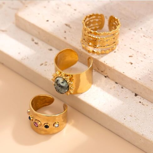 GIGB PBDK Chunky Gold Stackable Knuckle Rings Set for Women Vintage Adjustable Crystal Wide Dome Statement Ring Unique CZ Band Open Rings Jewelry Accessories in Saudi Arabia