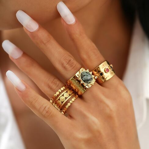 GIGB PBDK Chunky Gold Stackable Knuckle Rings Set for Women Vintage Adjustable Crystal Wide Dome Statement Ring Unique CZ Band Open Rings Jewelry Accessories in Saudi Arabia