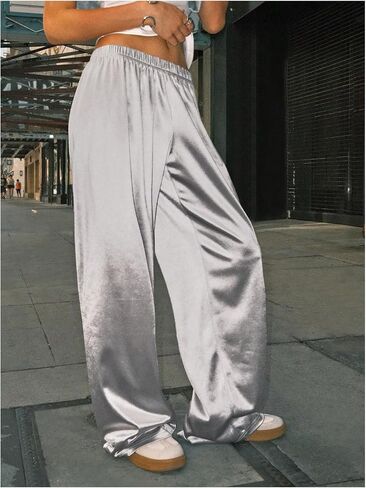 Women's Wide Leg Pants Elastic Waist Satin Pants Y2k Baggy Low Rise Long Trousers in Saudi Arabia