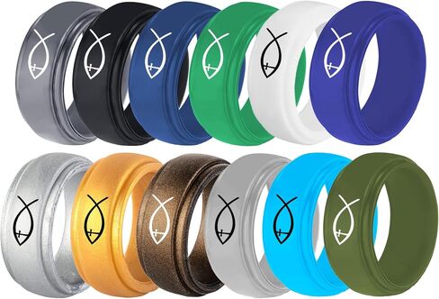12 Colors Set-Custom Logo Text Silicone Rings 8mm Breathable Rubber Step Edge Comfort Fit Rings Wedding Band,Christian Cross Rings/Yoga Just Breathe Rings,Size 6-12 in Saudi Arabia
