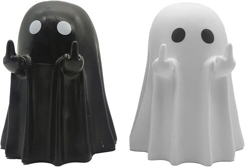 2 Pcs Spooky Ghost Middle Finger Figure, Cute Halloween Decor for Desk, Home & Bathroom, Resin Ghost Flipping Off Statue (White+Black) in Saudi Arabia