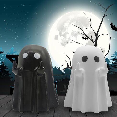 2 Pcs Spooky Ghost Middle Finger Figure, Cute Halloween Decor for Desk, Home & Bathroom, Resin Ghost Flipping Off Statue (White+Black) in Saudi Arabia