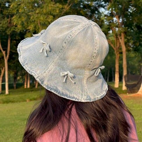 قبعات دلو من الدينيم للنساء، قبعة دلو لطيفة مع قبعة جينز بعقدة فيونكة in Kuwait