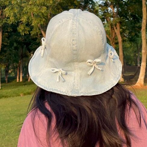 قبعات دلو من الدينيم للنساء، قبعة دلو لطيفة مع قبعة جينز بعقدة فيونكة in Kuwait