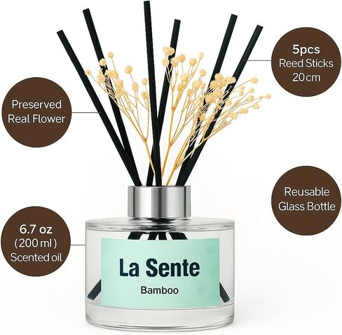 Reed Diffuser Set, Glass Bottle with Black Rattan Sticks, Dried White Flowers, 6.7fl oz, 200ml (Gardenia) in Saudi Arabia