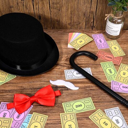5 Pcs Rich Man Costume Kit 1920s Gentleman Accessories Hat Round Head White Beard Bow Tie Stick Play Money for Mens Halloween Party Dress up Outfit in Saudi Arabia