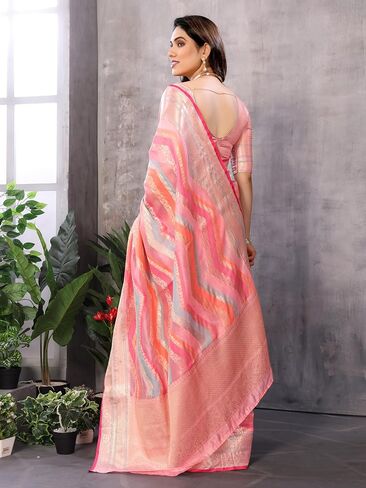 Women's Organza Golden Zari Jacquard Boarder & Pallu ZigZag Saree With Unstitched Blouse Piece (Maharani) in Kuwait