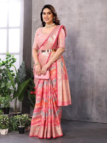 Women's Organza Golden Zari Jacquard Boarder & Pallu ZigZag Saree With Unstitched Blouse Piece (Maharani) in Kuwait