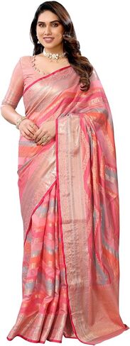Women's Organza Golden Zari Jacquard Boarder & Pallu ZigZag Saree With Unstitched Blouse Piece (Maharani) in Kuwait