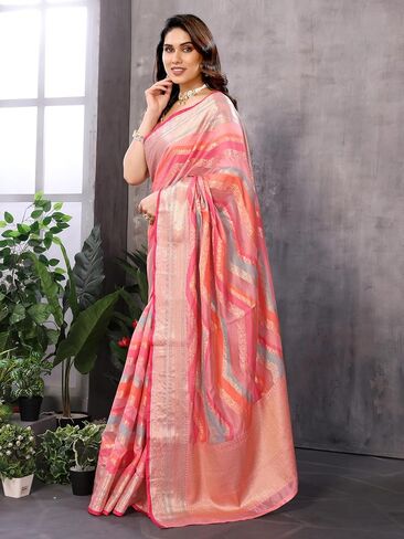 Women's Organza Golden Zari Jacquard Boarder & Pallu ZigZag Saree With Unstitched Blouse Piece (Maharani) in Kuwait