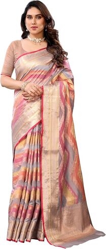 Women's Organza Golden Zari Jacquard Boarder & Pallu ZigZag Saree With Unstitched Blouse Piece (Maharani) in Kuwait