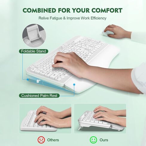 مجموعة لوحة مفاتيح وماوس لاسلكية، لوحة مفاتيح مريحة لاسلكية EAYBLLY Wave Keys مع مسند معصم مبطن، حامل هاتف، مجموعة ماوس لوحة مفاتيح لاسلكية صامتة 2.4 جيجا هرتز للكمبيوتر والكمبيوتر المحمول والكمبيوتر الشخصي والنوافذ in Kuwait